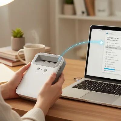 A person pairing a portable document scanner with a laptop via Bluetooth, with a blue glowing connection line between them, illustrating the direct pairing process.