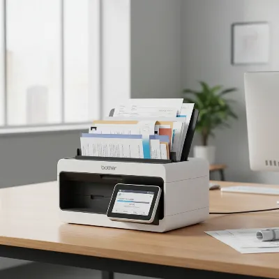 Brother ADS-3300W high-speed desktop scanner with a document being fed into the ADF