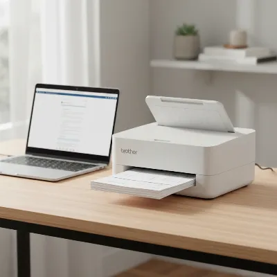 Brother ADS-1700W Compact Document Scanner on a modern desk setup with a laptop and a few documents, showcasing its small footprint and sleek design.