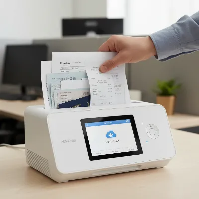 A hand placing documents into the Brother ADS-1700W Compact Document Scanner's ADF, with the touchscreen showing a "Scan to Cloud" option, illustrating efficient workflow.