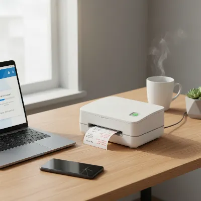 An affordable portable document scanner on a home office desk, scanning a receipt with a laptop and smartphone nearby.