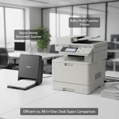 A side-by-side comparison illustrating the compact size of the Canon imageFORMULA R40 document scanner next to a larger, less efficient multi-function printer, emphasizing its space-saving design. 