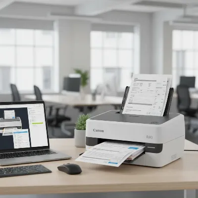 A Canon imageFORMULA R40 document scanner actively scanning a stack of papers on an organized office desk, with digital documents appearing on a laptop screen in the background.