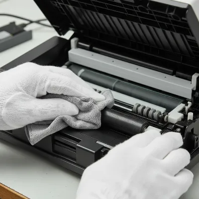A person carefully cleaning document scanner rollers with a lint-free cloth and water