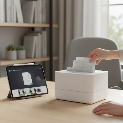 A person using a compact wireless document scanner at home, scanning receipts and documents on a desk with a clean, modern aesthetic.