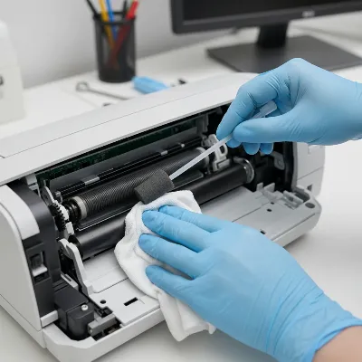 Technician cleaning feed rollers inside a document scanner to prevent paper jams
