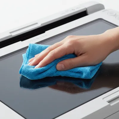 A hand wiping the glass of a document scanner with a microfibre cloth, emphasizing proper maintenance for PDF scanning quality.
