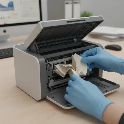 Technician carefully removing jammed paper from an open document scanner ADF