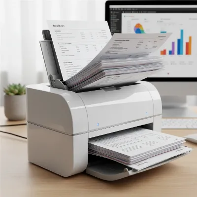 A modern, compact duplex document scanner efficiently processing a stack of double-sided documents in a contemporary office setting with natural light.