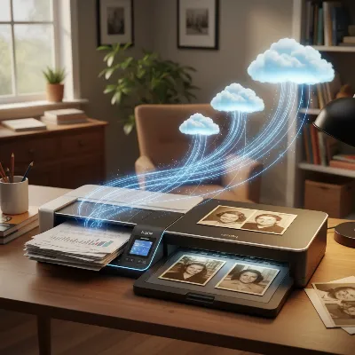 Epson FastFoto FF-680W scanner digitizing both documents and old photographs into a cloud environment. 