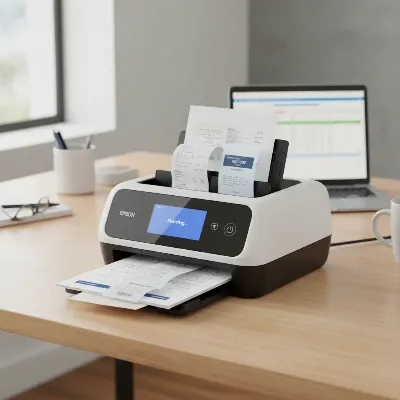 Epson RapidReceipt RR-600W desktop scanner actively digitizing a stack of mixed documents and receipts in a modern office setting.