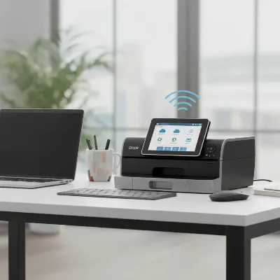 An Epson WorkForce DS-790WN network document scanner on a busy office desk, wirelessly connected and showing a workflow on its touchscreen. The image should convey efficiency and multi-user capability. Eye-level shot with bright, modern office lighting, editorial style.