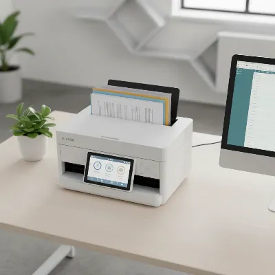 A Fujitsu ScanSnap iX1600 document scanner on a modern office desk, scanning a stack of documents. The image should highlight the scanner's compact size and touchscreen interface. Overhead view with soft, professional lighting, realistic style.