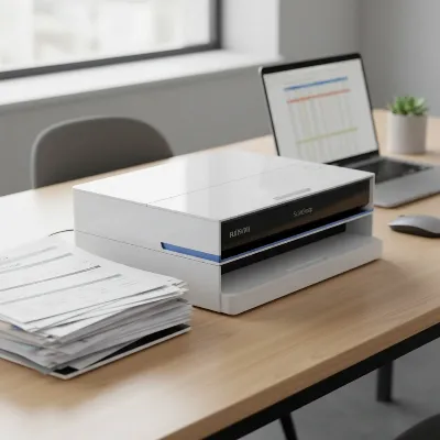 Fujitsu ScanSnap iX1600 document scanner on a modern office desk with documents and a laptop