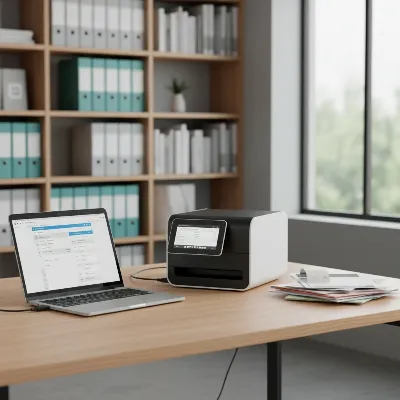 A sleek document scanner on a tidy home office desk with a laptop and organized files in the background, bathed in natural light.