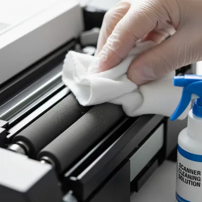 A close-up, detailed shot of a person carefully cleaning the feed rollers of a duplex document scanner with a specialized lint-free cloth and cleaning solution.