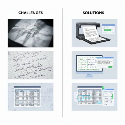 Illustrative representation of common OCR challenges like poor quality, handwriting, and complex layouts, with visual cues for solutions.