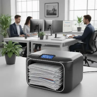 A modern office environment with a sheetfed document scanner rapidly processing documents.