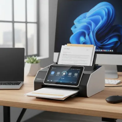 Raven Pro Document Scanner on a modern office desk, actively scanning documents with its large touchscreen interface visible. Realistic, professional, eye-level angle, bright natural lighting.