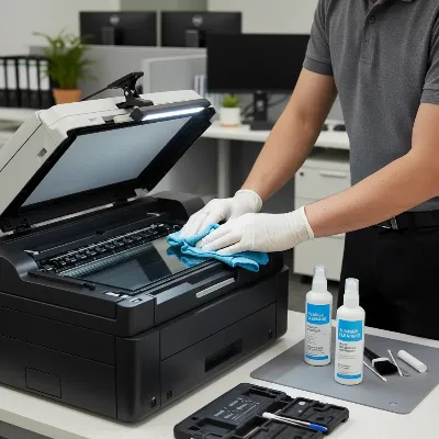 A person cleaning the feed rollers of a heavy-duty document scanner with a cleaning solution and cloth, emphasizing careful maintenance.