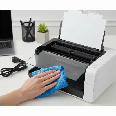 A pair of hands meticulously cleaning the glass and rollers of a modern office document scanner with a lint-free cloth, set in a well-lit and organized office environment. The focus is on the cleaning process, showing attention to detail.