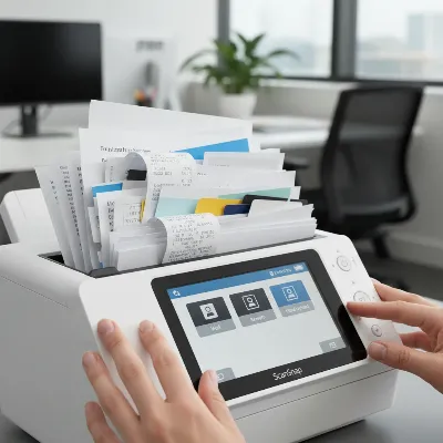 Hands placing documents into a Fujitsu ScanSnap iX1600 document scanner, highlighting its touchscreen