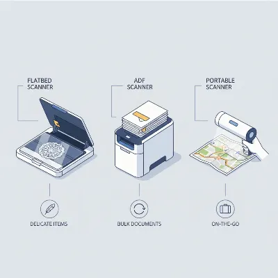 A visual comparison of different document scanner types: a flatbed, an ADF (sheet-fed), and a mobile scanner, highlighting their distinct designs and primary uses.