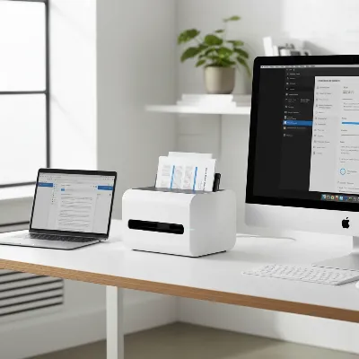 A modern wireless document scanner in a bright, organized office environment, scanning a stack of documents with a laptop and a Mac computer in the background.